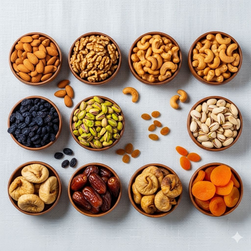 A flat-lay of assorted dry fruits
