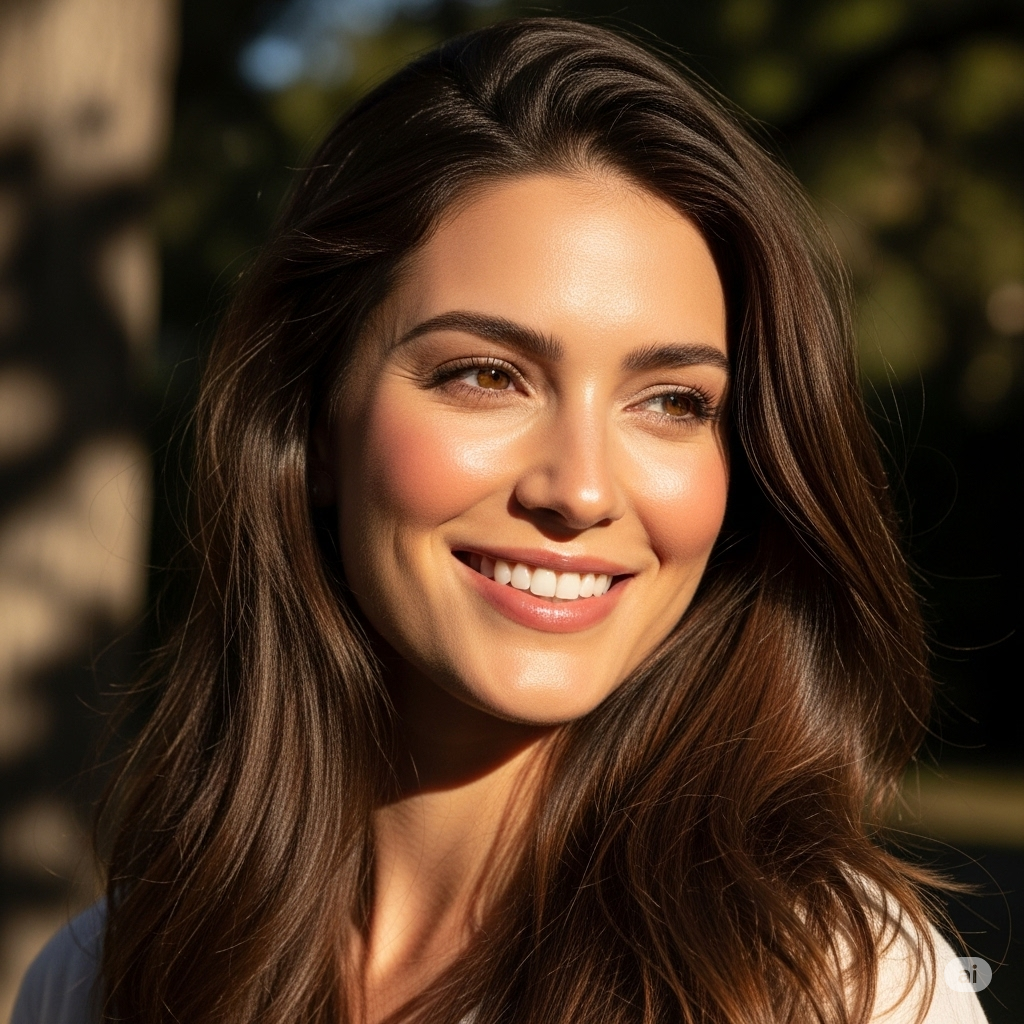 A smiling woman with long shiny hair