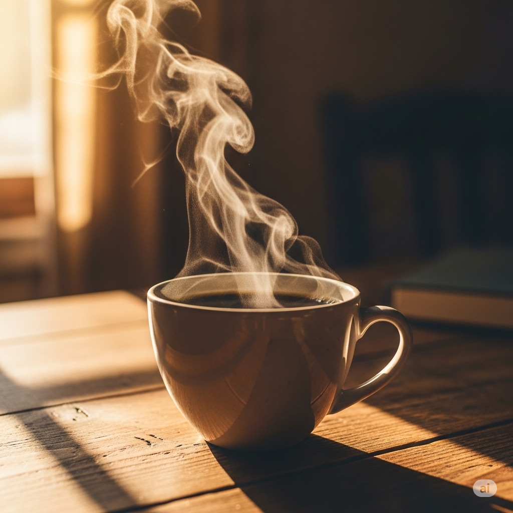 A steaming coffee cup on a wooden table