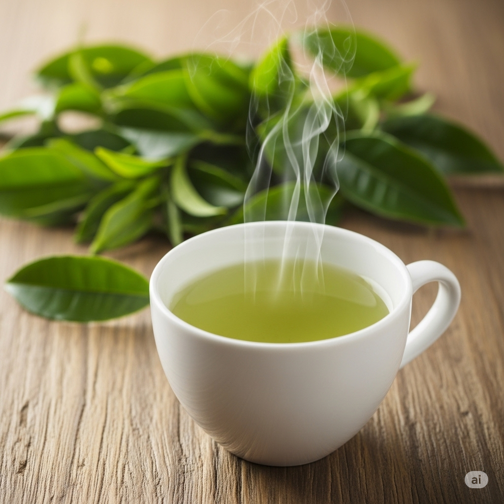 A steaming cup of green tea on a wooden table