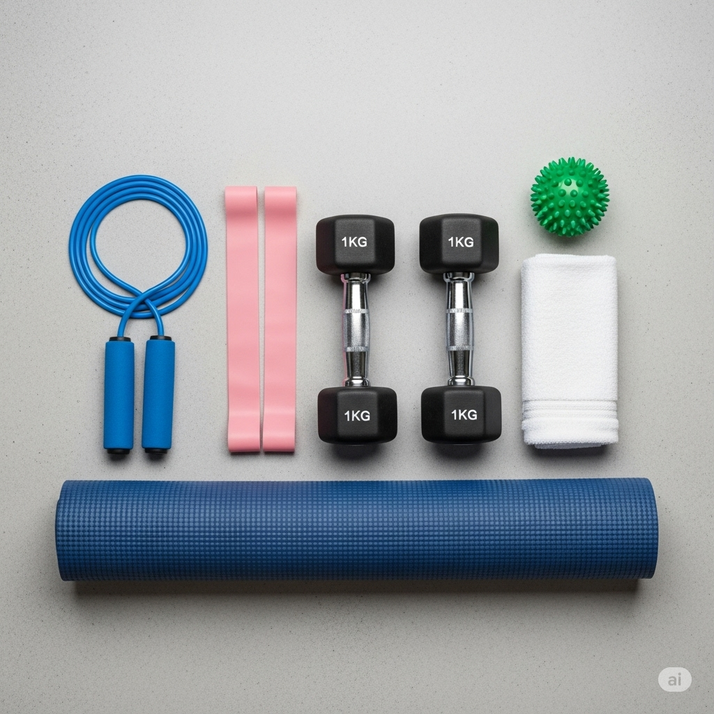 Flat lay of small fitness equipment