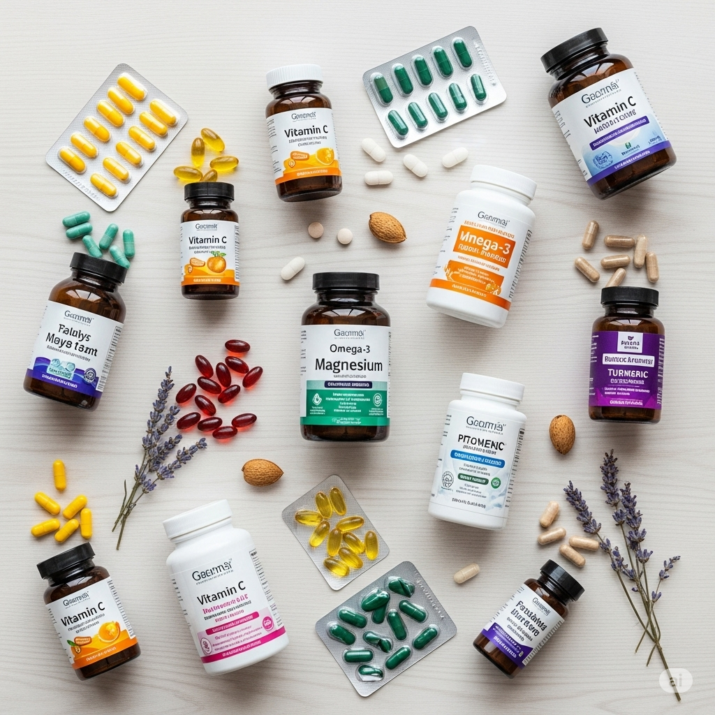 Flat lay of supplement bottles