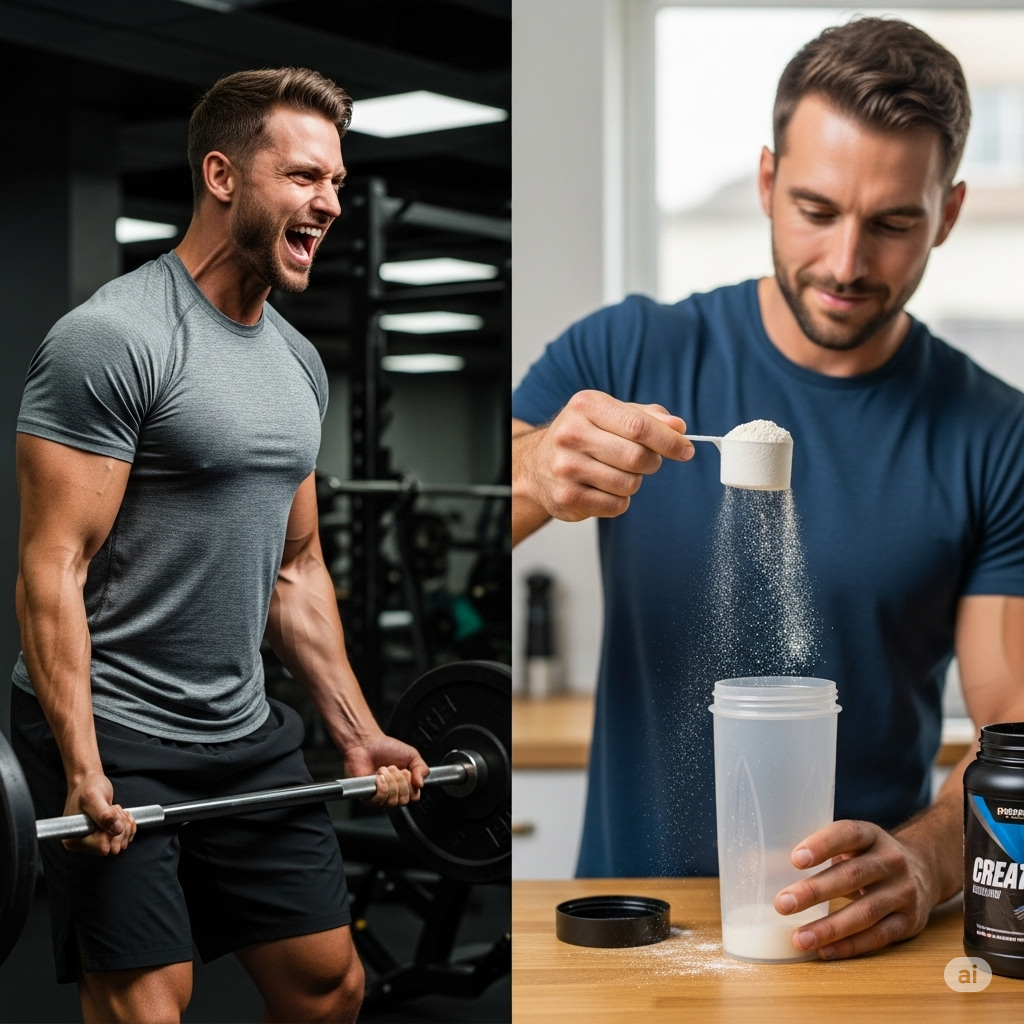 Man lifting weights or creatine powder scoop