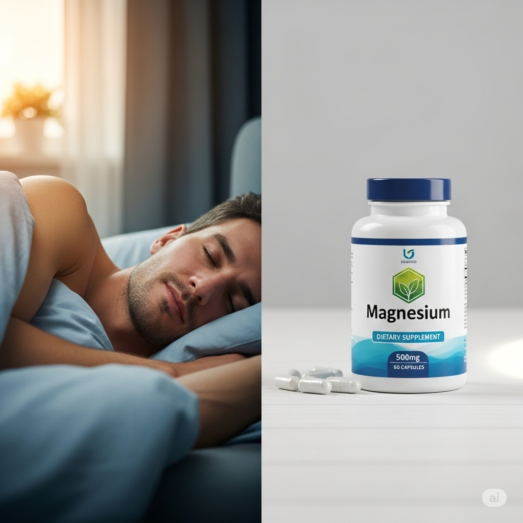 Relaxed man sleeping or magnesium supplement bottle
