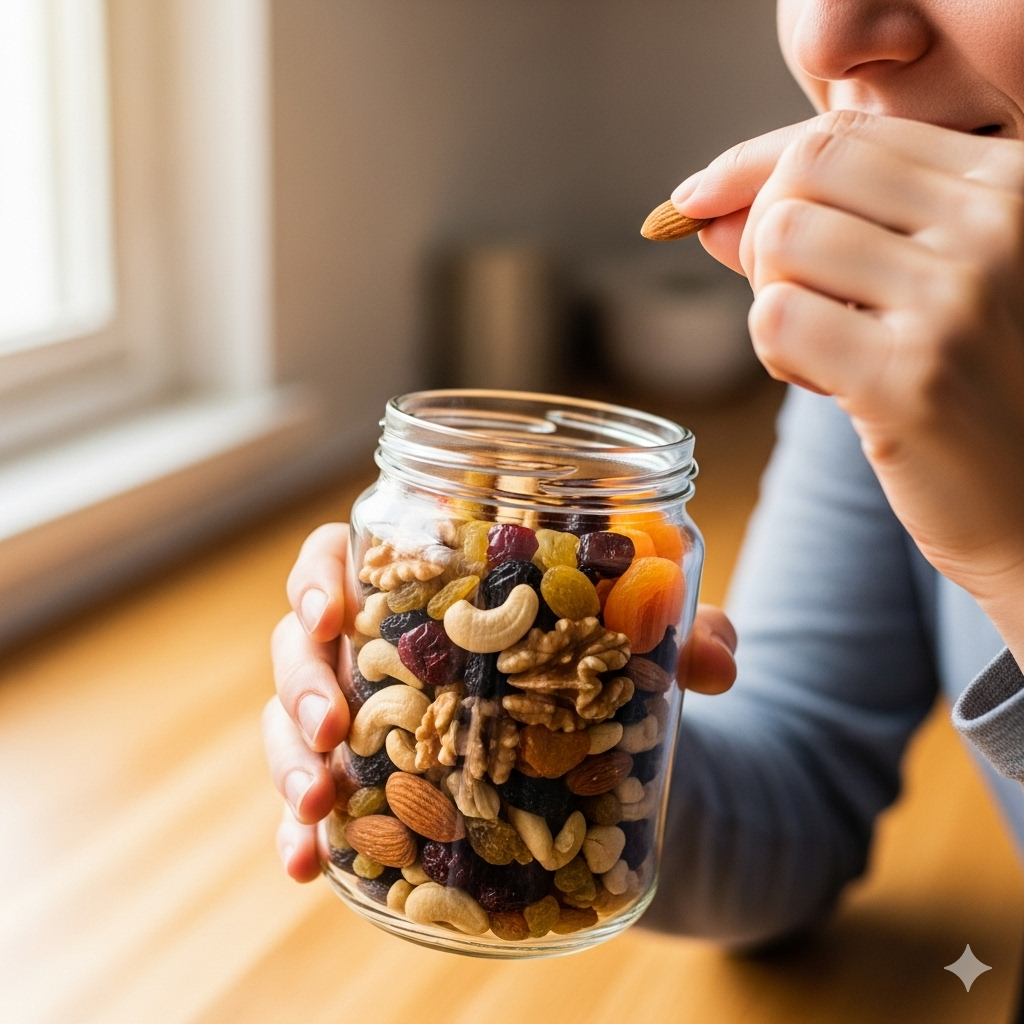 Someone eating a mix of dry fruits
