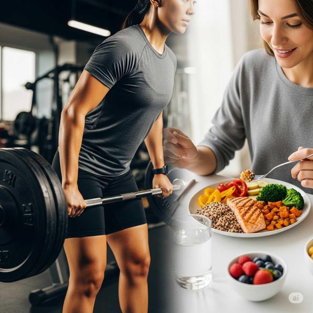 a person lifting weights while eating healthy