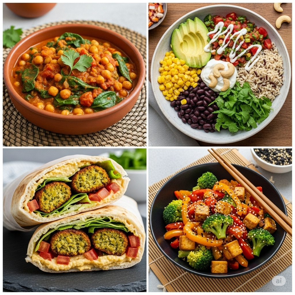 collage of global plant-based dishes