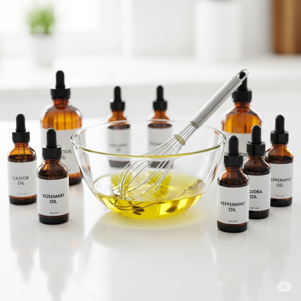 mixing bowl and small bottles of oil