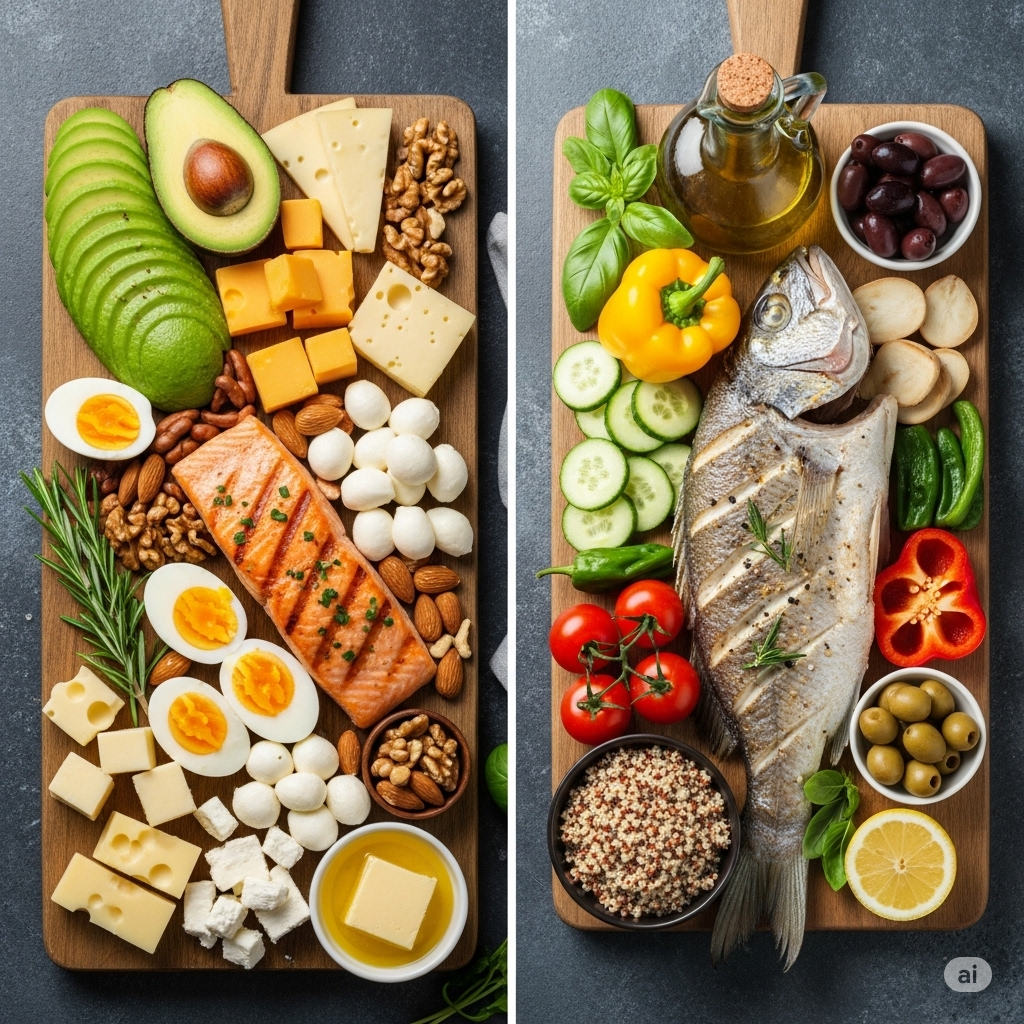 split-style visual of Keto and Mediterranean foods
