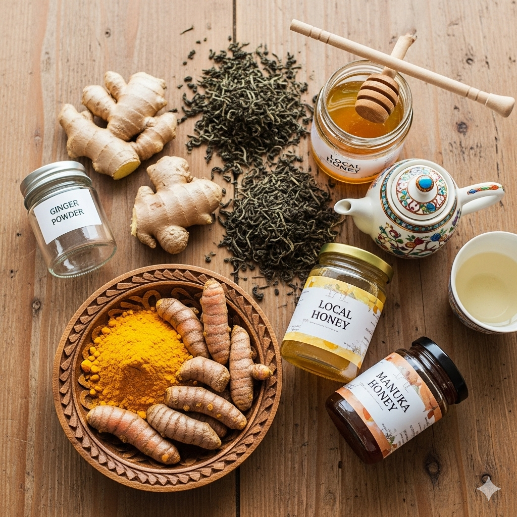 A bright flat-lay of turmeric honey ginger