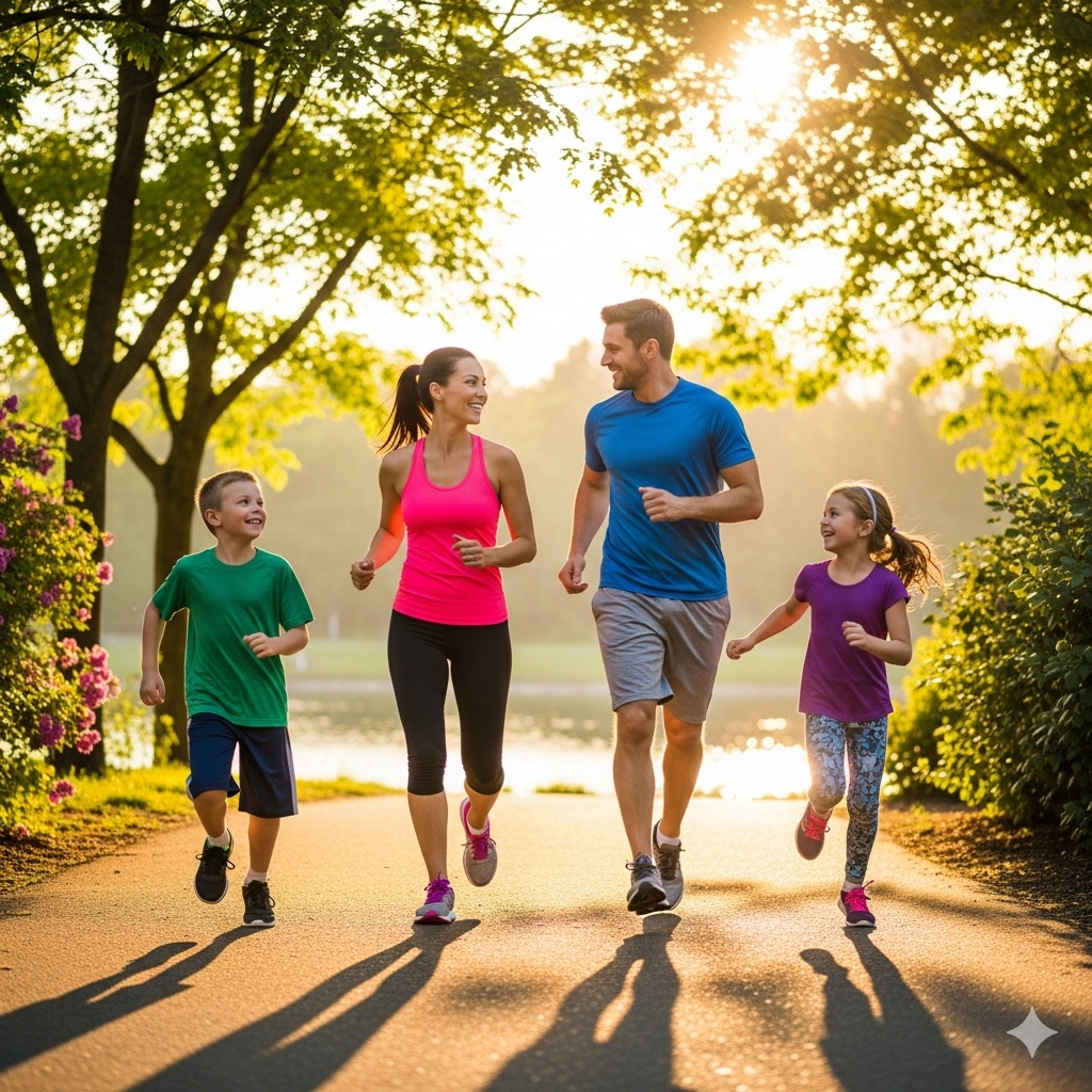 A cheerful family jogging