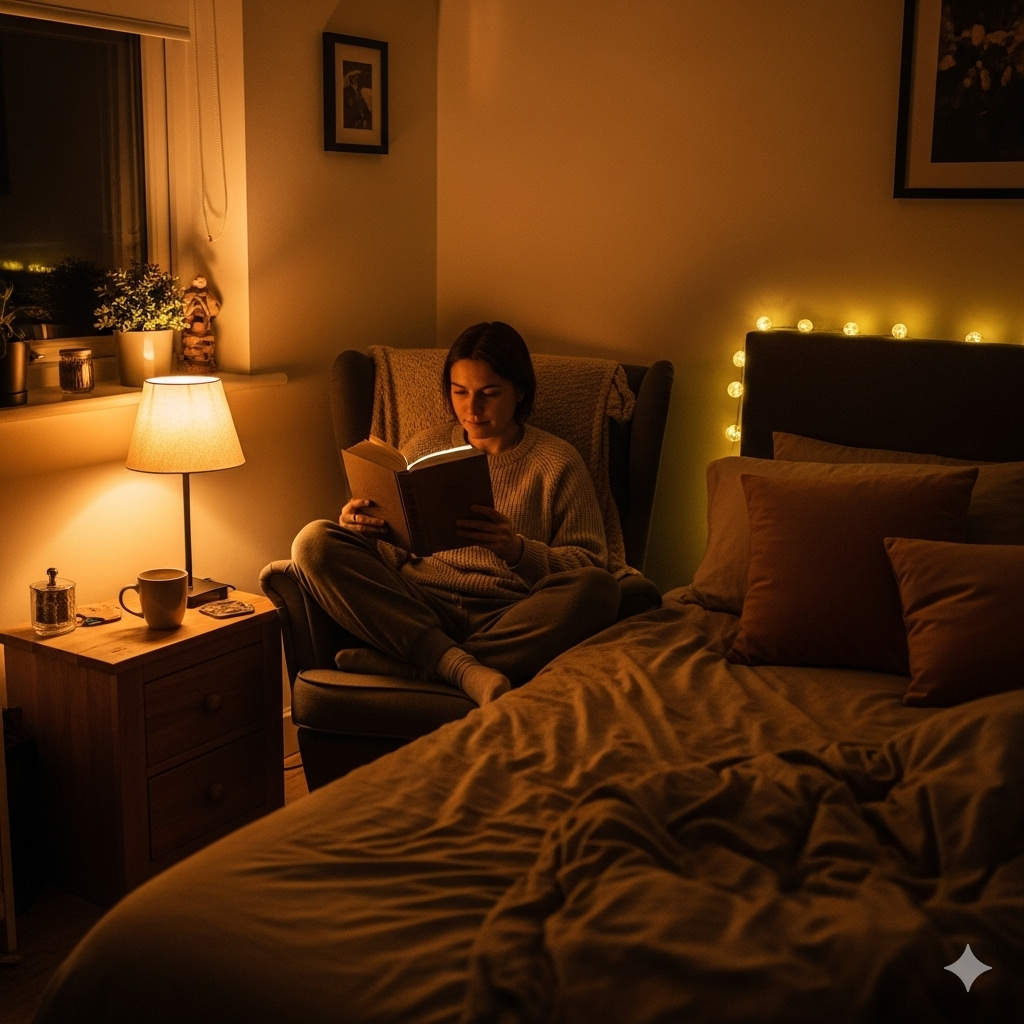 A cozy dim-lit bedroom setup