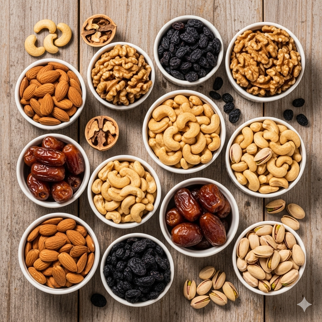 A flat lay of assorted dry fruits