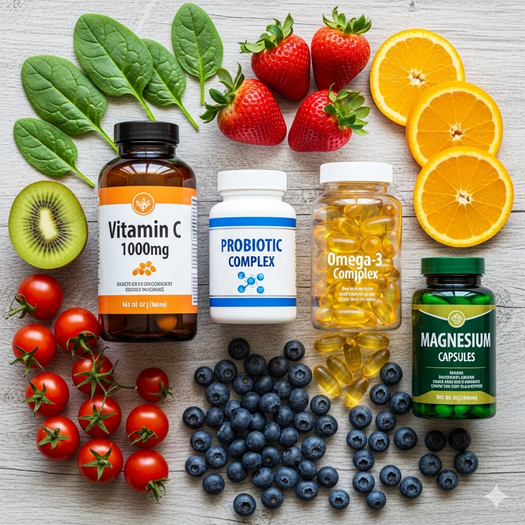 A flat-lay of supplement bottles