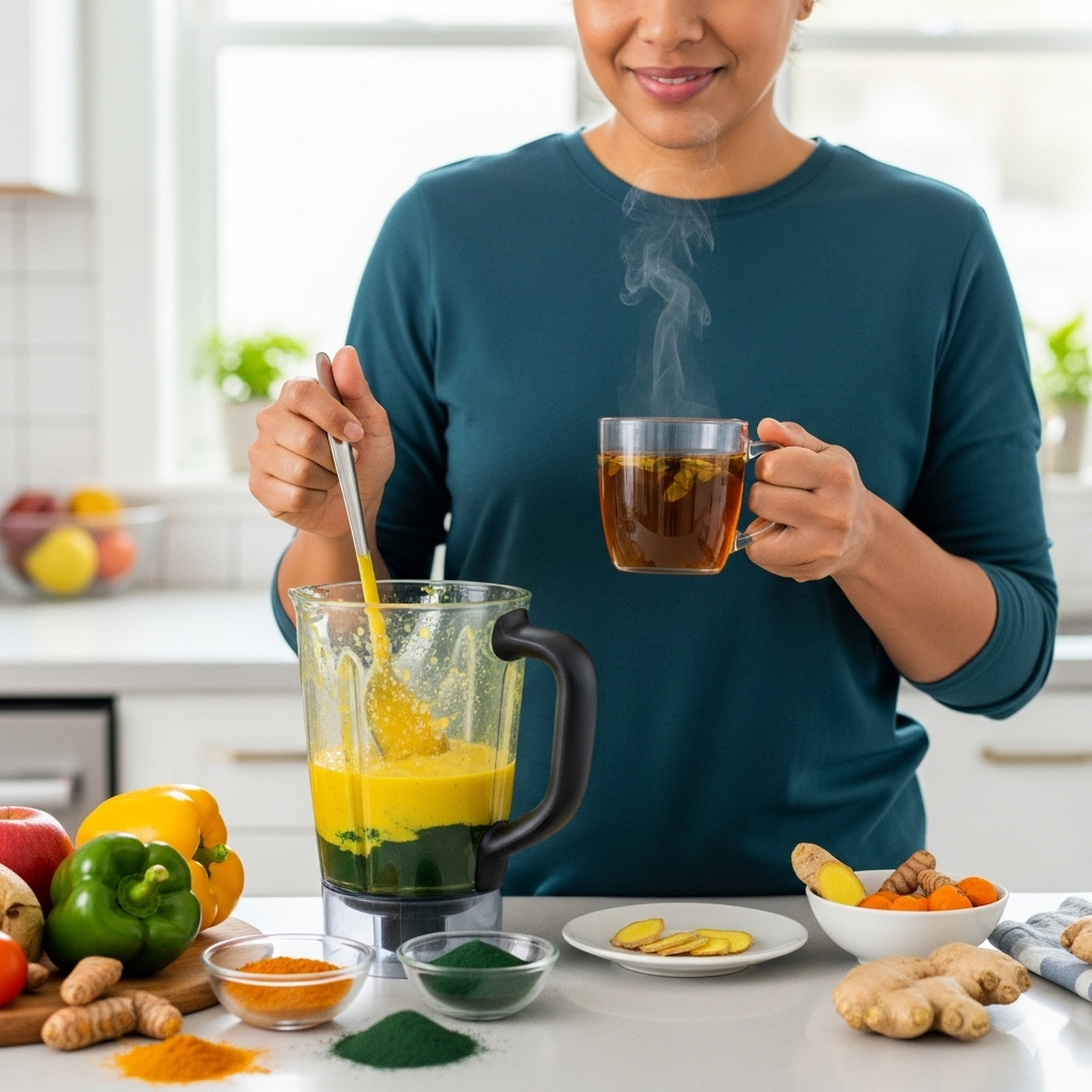 A person preparing a smoothie with turmeric