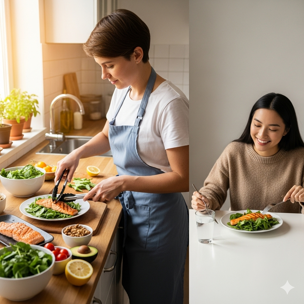 A person preparing and enjoying a healthy balanced meal