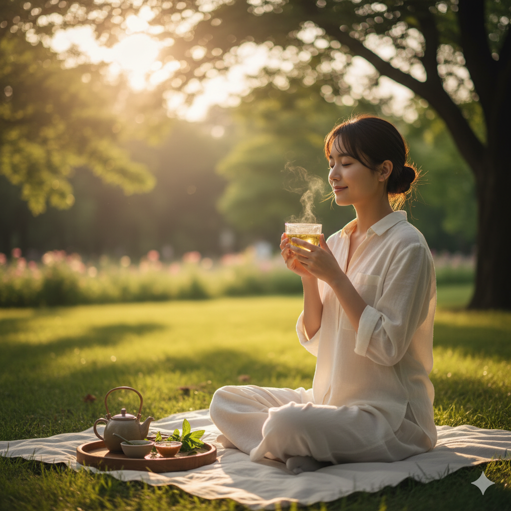 drinking green tea in sunlight