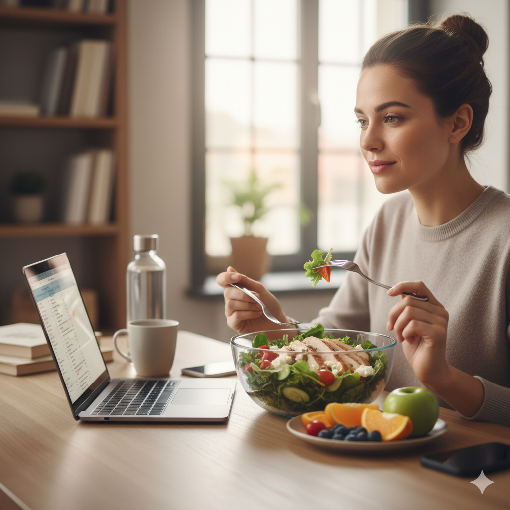 eating a healthy meal at a desk