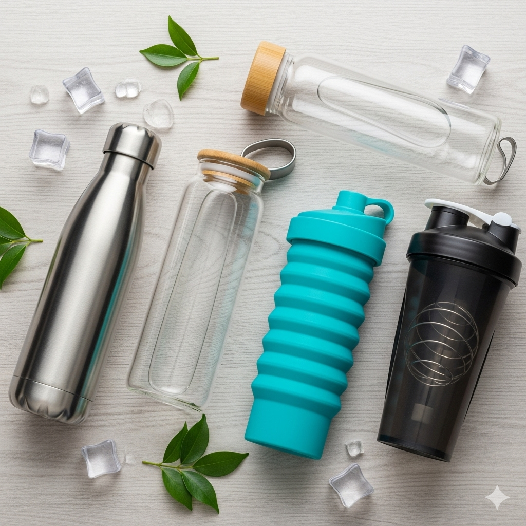 flat lay of different types of reusable water bottles