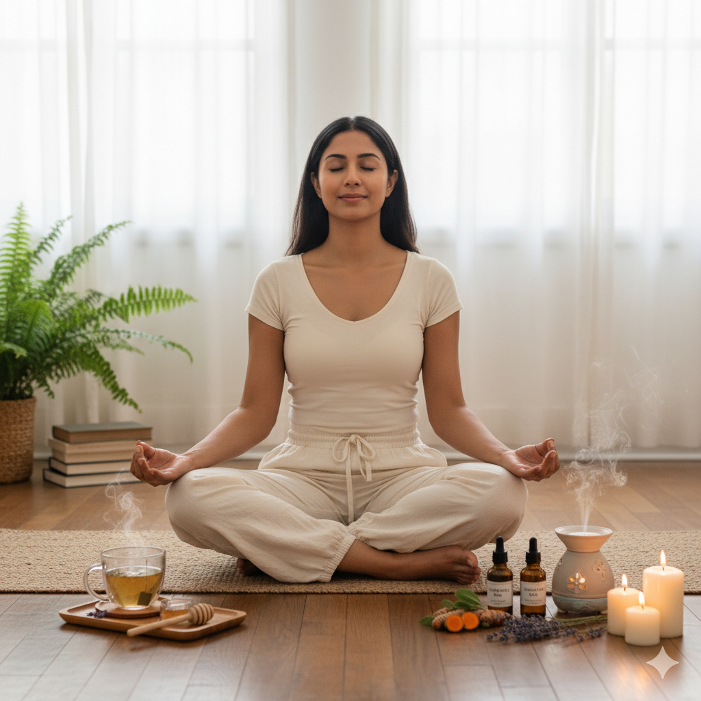 person doing yoga with herbal tea