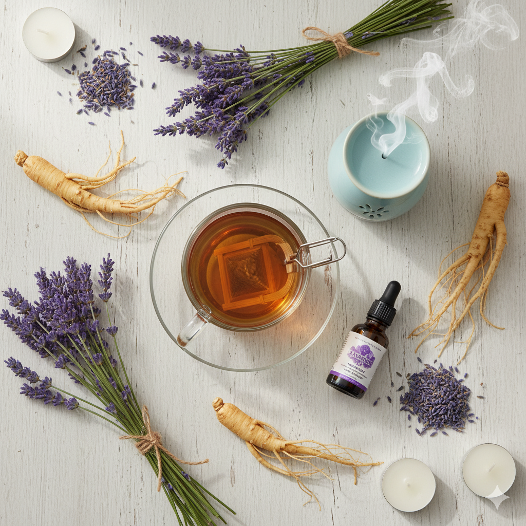 relaxing flat-lay with herbal tea