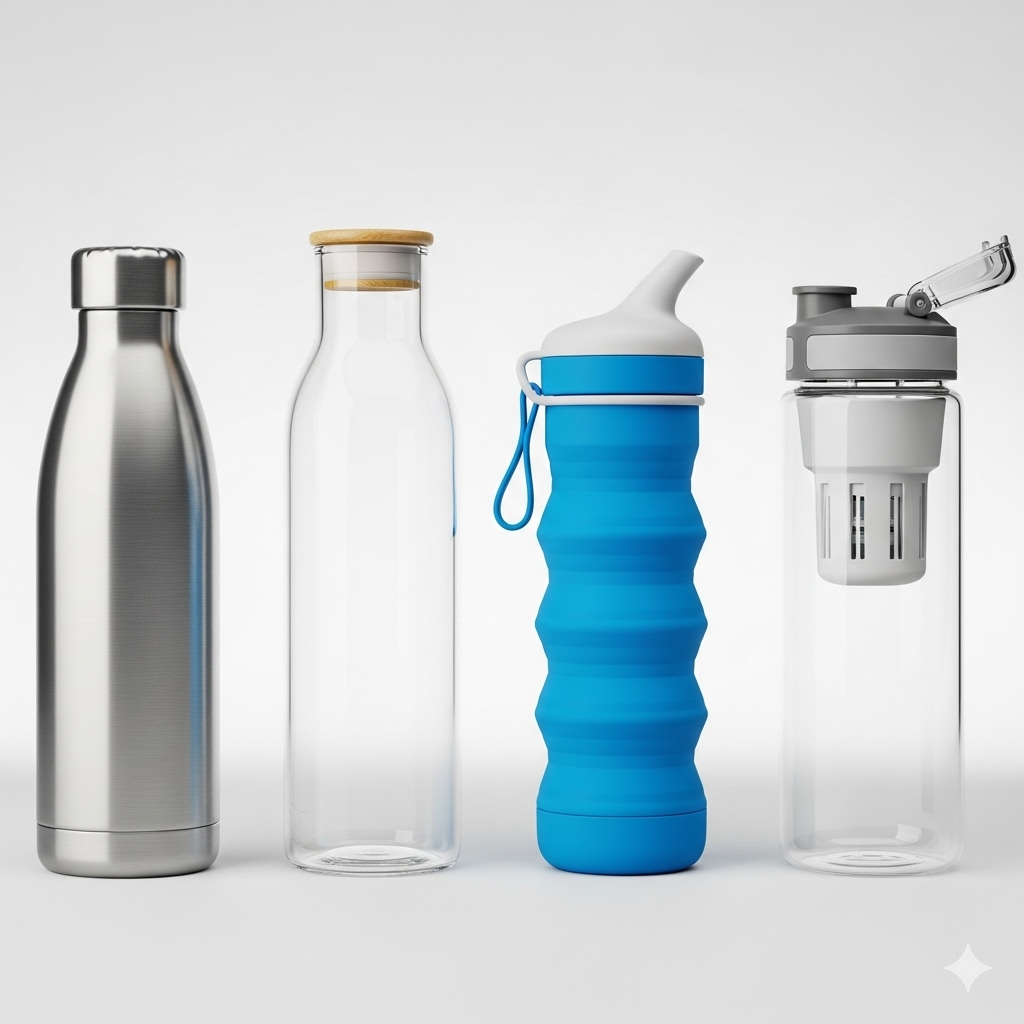 side-by-side lineup of different reusable water bottle