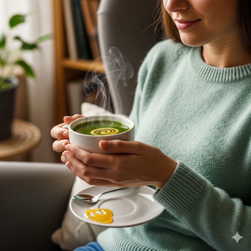 someone enjoying a warm cup of green tea with honey