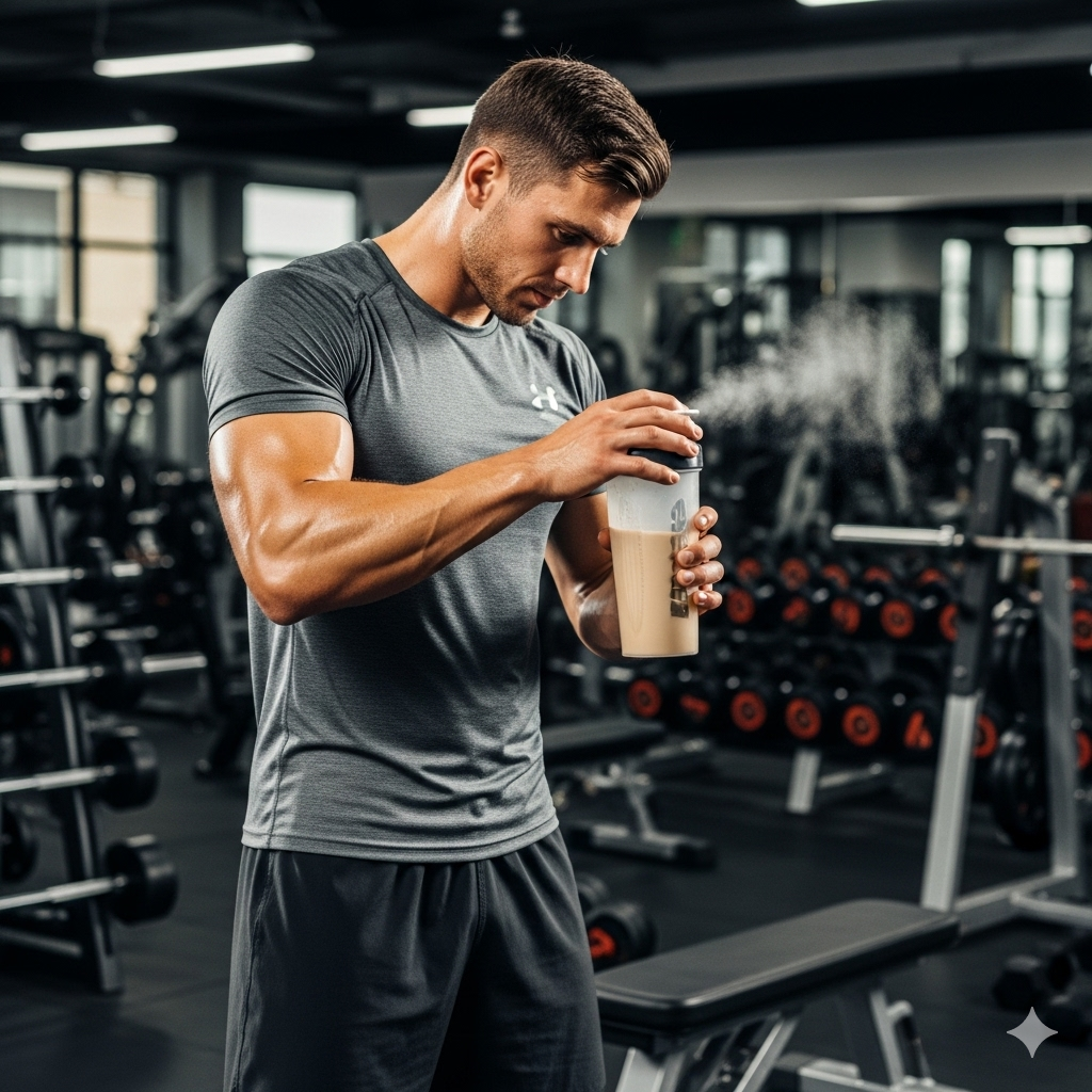 someone having protein shake in the gym