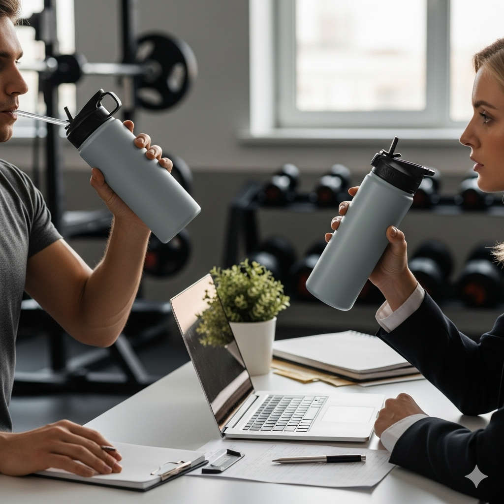 someone using a stainless-steel insulated water bottle