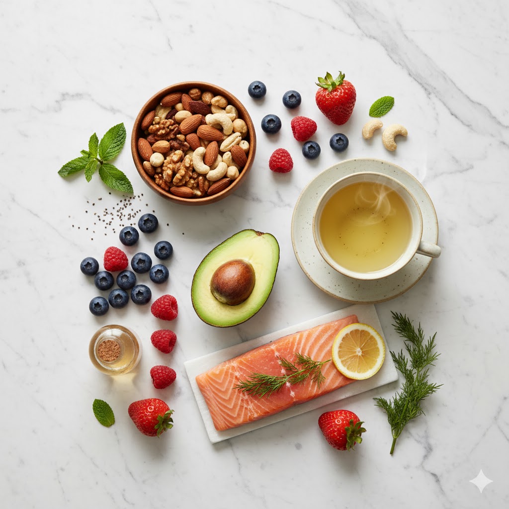 Flat lay of healthy foods for glowing skin