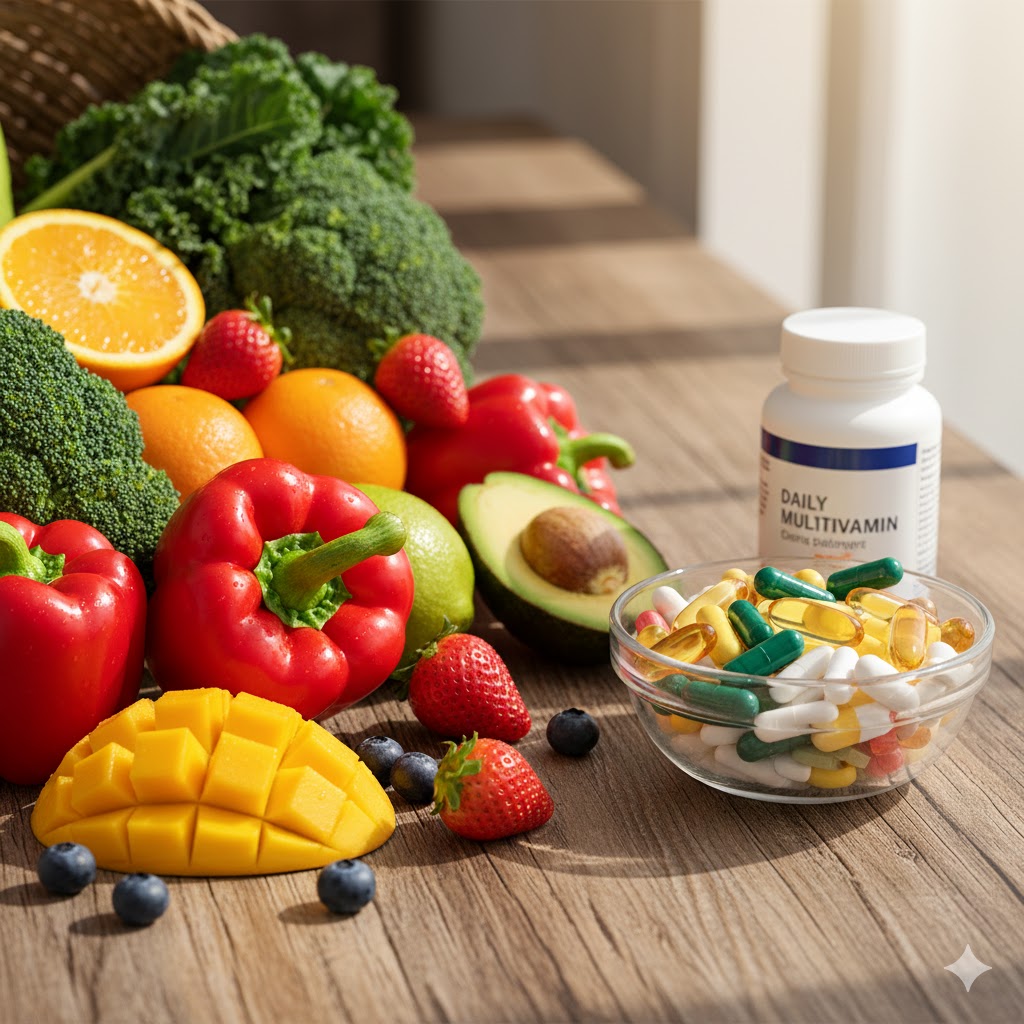 colorful fruits vegetables and supplements