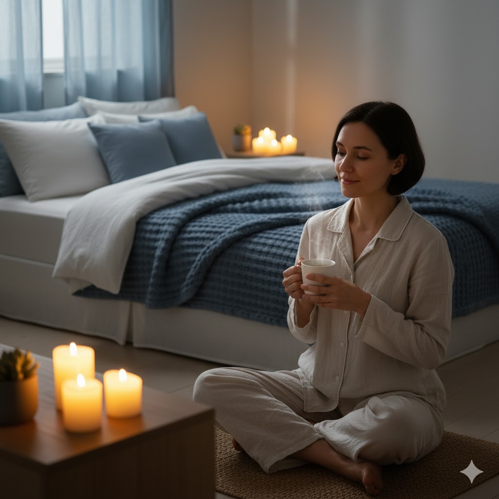 person sipping chamomile tea before bed