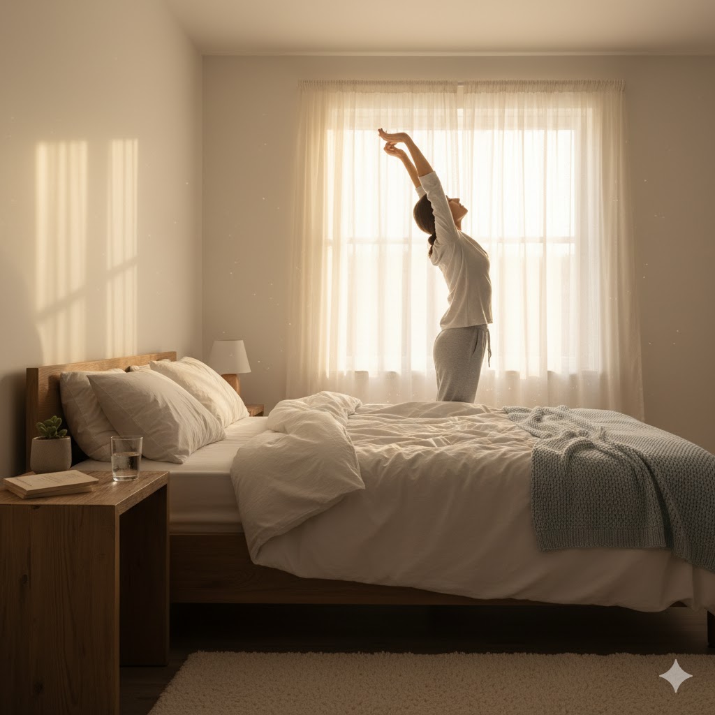 person stretching near a window