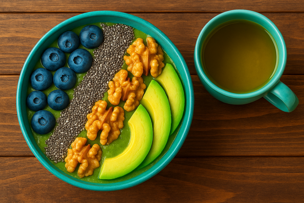 smoothie bowl topped with blueberries