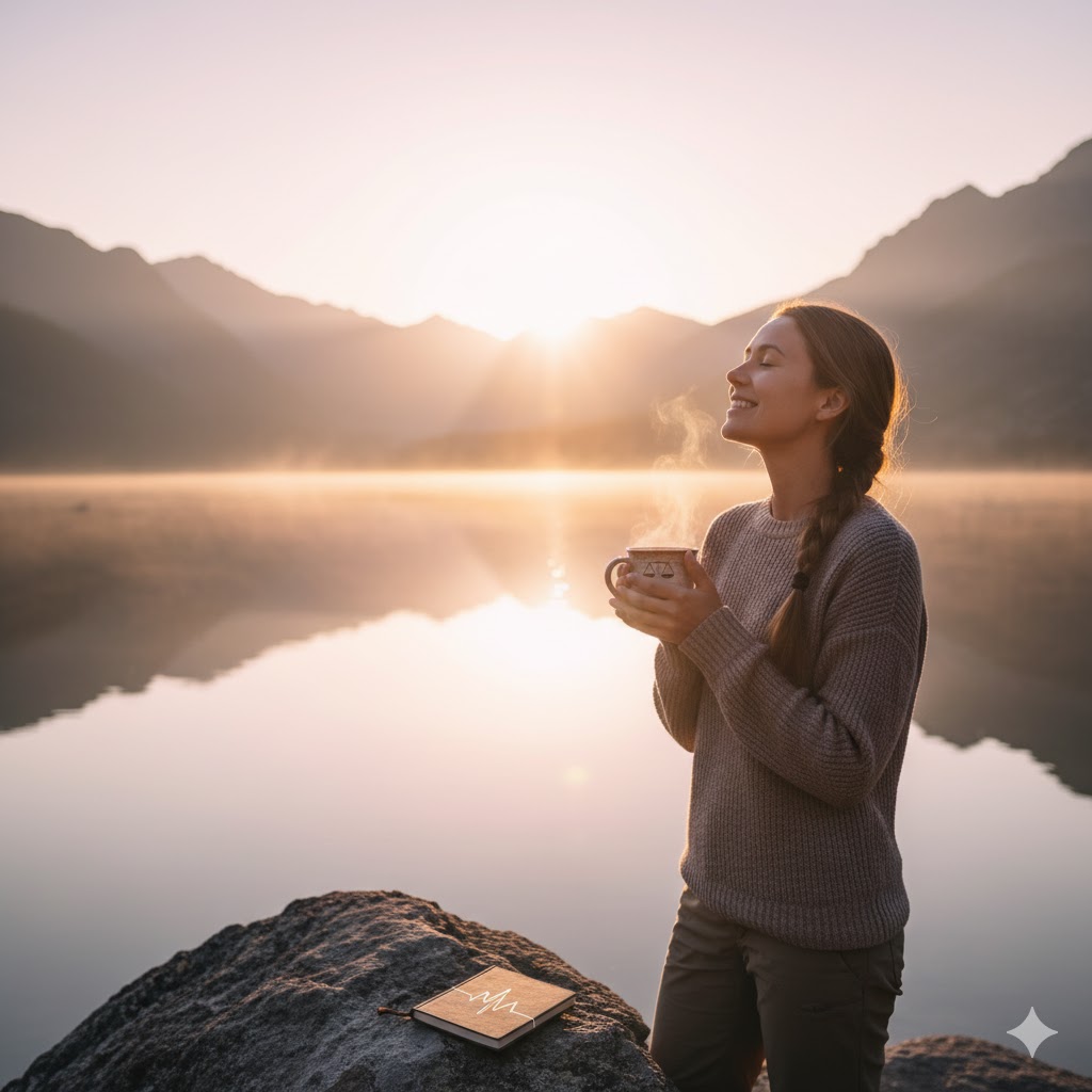 someone smiling outdoors with coffee